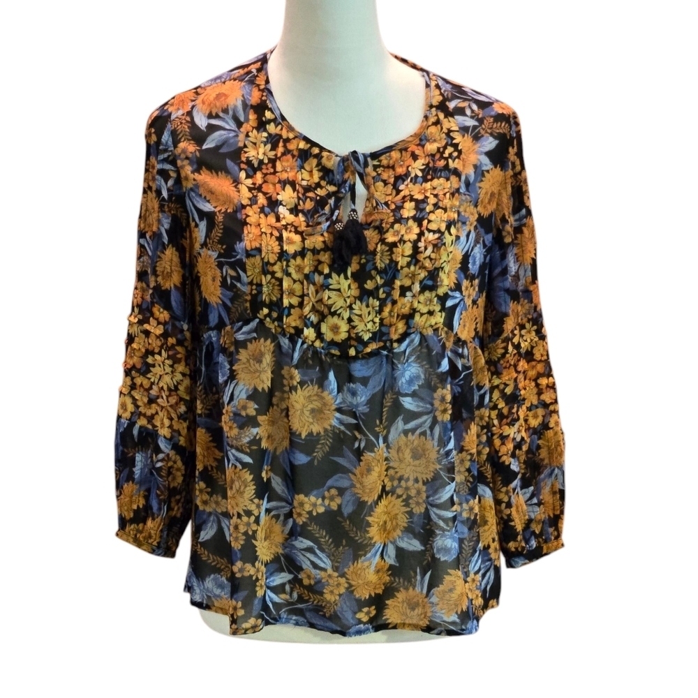 Daniel Rainn Floral Blouse Black Mustard Blue Print Pintuck 3/4 Sleeve Women PXS